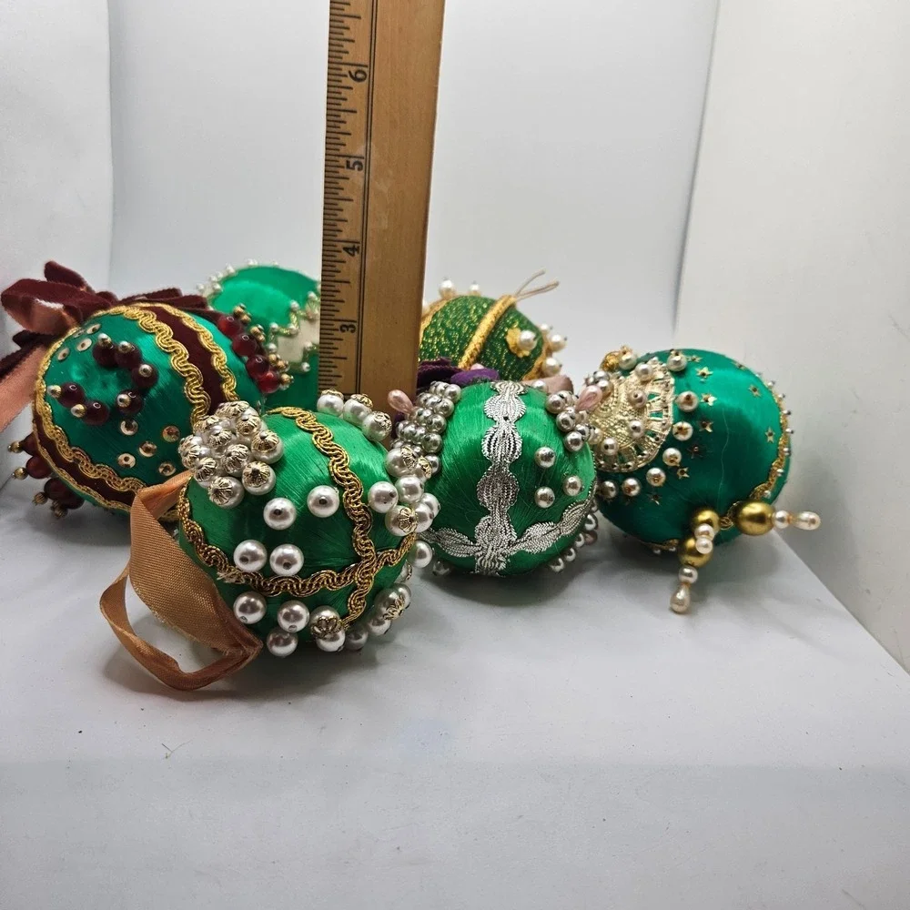 6‎ Vintage Handmade Satin Beaded Christmas Ball Ornaments Green Gold Pearl